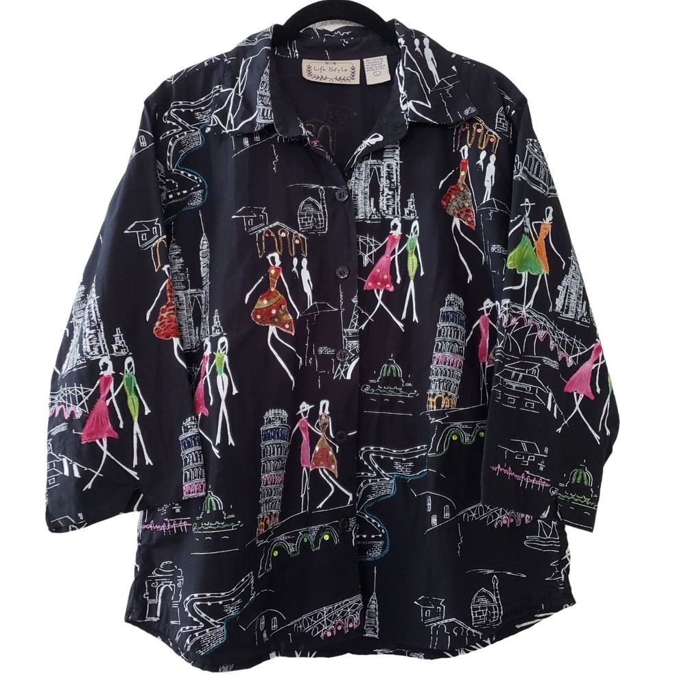 Life Style Travel Landmarks Embroidered Artwork Short Sleeve Shirt, Black, Sz L
